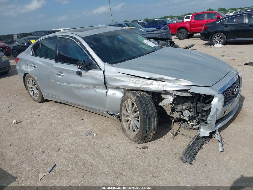 2014 Infiniti Q50 VIN JN1BV7AP9EM671555 IAAI salvage auction — FRONT END, Salvage (Texas), sold $2,825 on 2026-07-14 (photo 1)