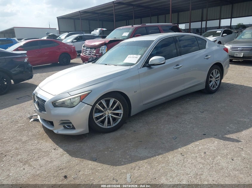 2014 Infiniti Q50 VIN JN1BV7AP9EM671555 IAAI salvage auction — FRONT END, Salvage (Texas), sold $2,825 on 2026-07-14 (photo 2)