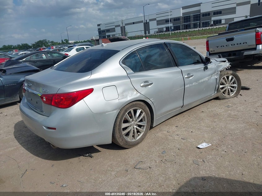 2014 Infiniti Q50 VIN JN1BV7AP9EM671555 IAAI salvage auction — FRONT END, Salvage (Texas), sold $2,825 on 2026-07-14 (photo 4)