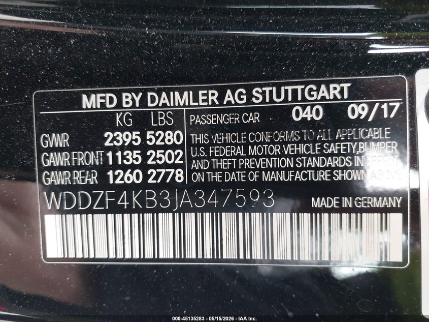 2018 Mercedes-benz E-klasse VIN WDDZF4KB3JA347593 IAAI salvage auction — FRONT END, Clear (Michigan), sold $10,100 on 2026-07-06 (photo 9)