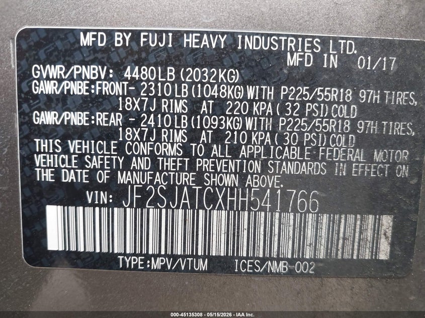 2017 Subaru Forester VIN JF2SJATCXHH541766 IAAI salvage auction — SIDE, Salvage (Texas), sold $550 on 2026-07-21 (photo 9)