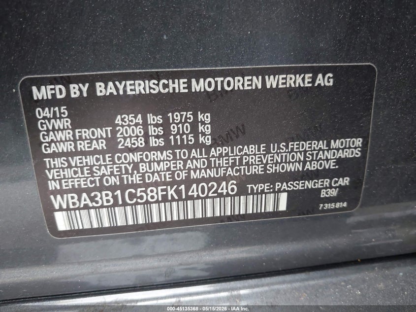 2015 BMW 3er VIN WBA3B1C58FK140246 IAAI salvage auction — RIGHT SIDE, Salvage Title, sold $2,425 on 2026-07-15 (photo 9)