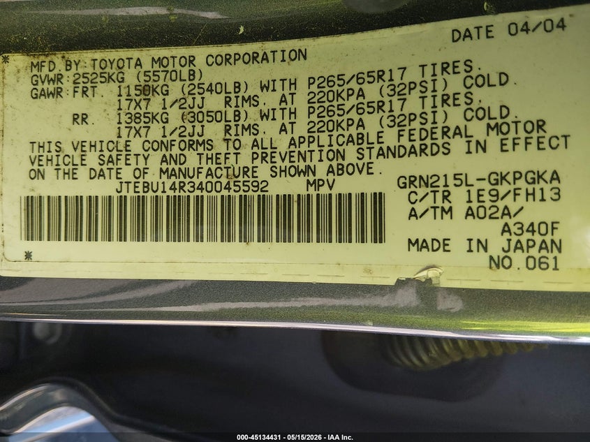 2004 Toyota 4runner VIN JTEBU14R340045592 IAAI salvage auction — ROLLOVER, Salvage (South Carolina), sold $250 on 2026-07-29 (photo 9)