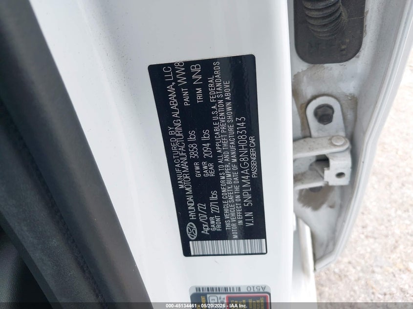 2022 Hyundai Elantra VIN 5NPLM4AG8NH083143 IAAI salvage auction — HAIL, Original (Texas), sold $175 on 2026-07-29 (photo 9)