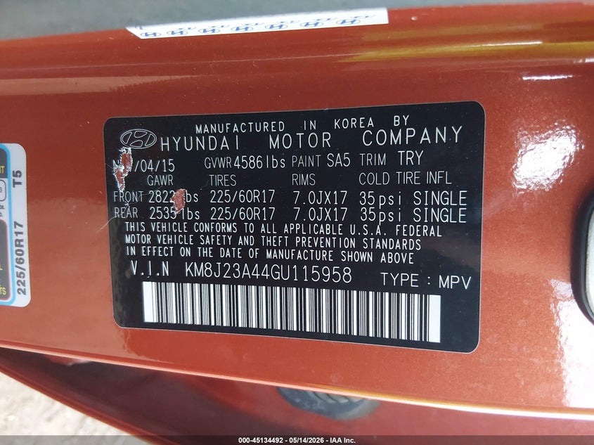 2016 Hyundai Tucson VIN KM8J23A44GU115958 IAAI salvage auction — FRONT END, Salvage (Arizona), sold $2,950 on 2026-07-14 (photo 9)