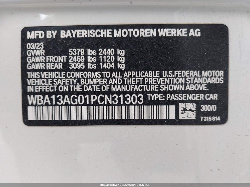 2023 BMW VIN WBA13AG01PCN31303 IAAI salvage auction — LEFT REAR, Salvage (California), sold $19,700 on 2026-07-29 (photo 9)