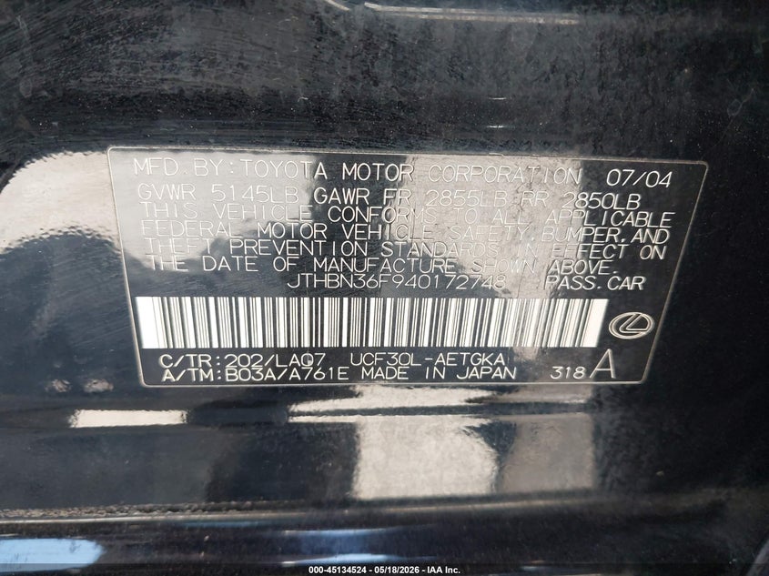 2004 Lexus Ls VIN JTHBN36F940172748 IAAI salvage auction — FRONT END, Salvage (North Carolina), sold $1,700 on 2026-07-13 (photo 9)