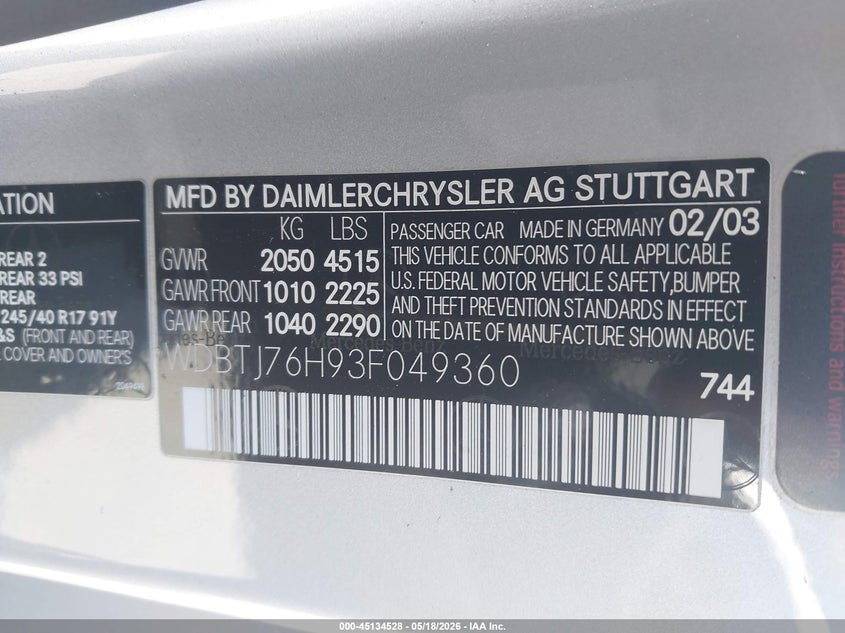 2003 Mercedes-benz Clk-klasse amg VIN WDBTJ76H93F049360 IAAI salvage auction — RIGHT FRONT, Salvage (California), sold $6,750 on 2026-07-13 (photo 9)