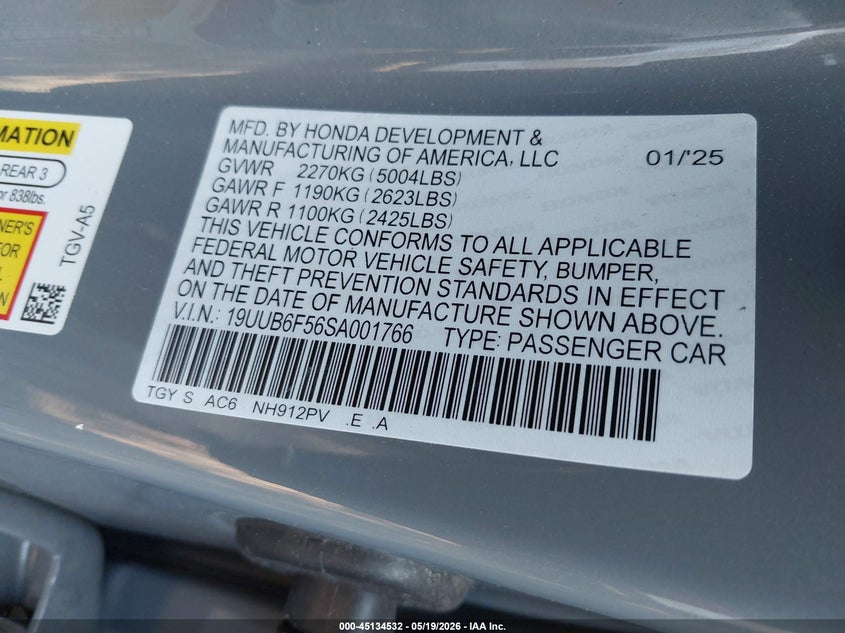 2025 Acura Tlx VIN 19UUB6F56SA001766 IAAI salvage auction — REAR END, Wait Title, sold $15,250 on 2026-08-25 (photo 9)