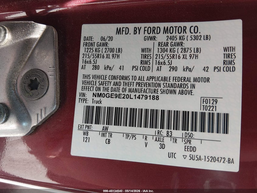 2020 Ford Transit connect VIN NM0GE9E20L1479188 IAAI salvage auction — NORMAL WEAR, Sf97 (North Carolina), sold $11,700 on 2026-07-20 (photo 9)