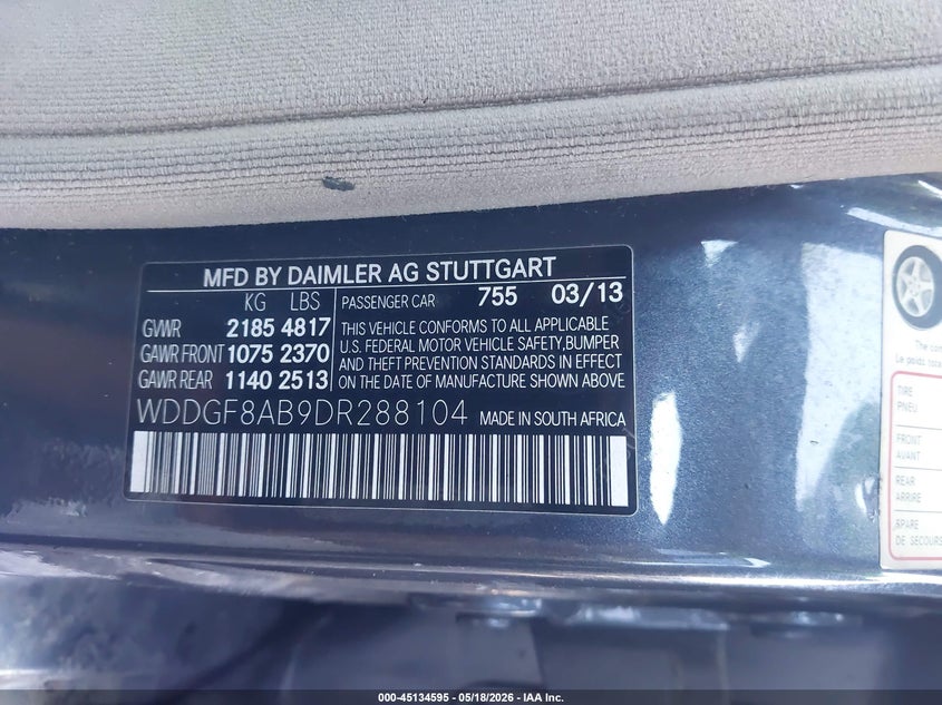 2013 Mercedes-benz C-klasse VIN WDDGF8AB9DR288104 IAAI salvage auction — FRONT END, Salvage (Georgia), sold $1,150 on 2026-08-05 (photo 9)