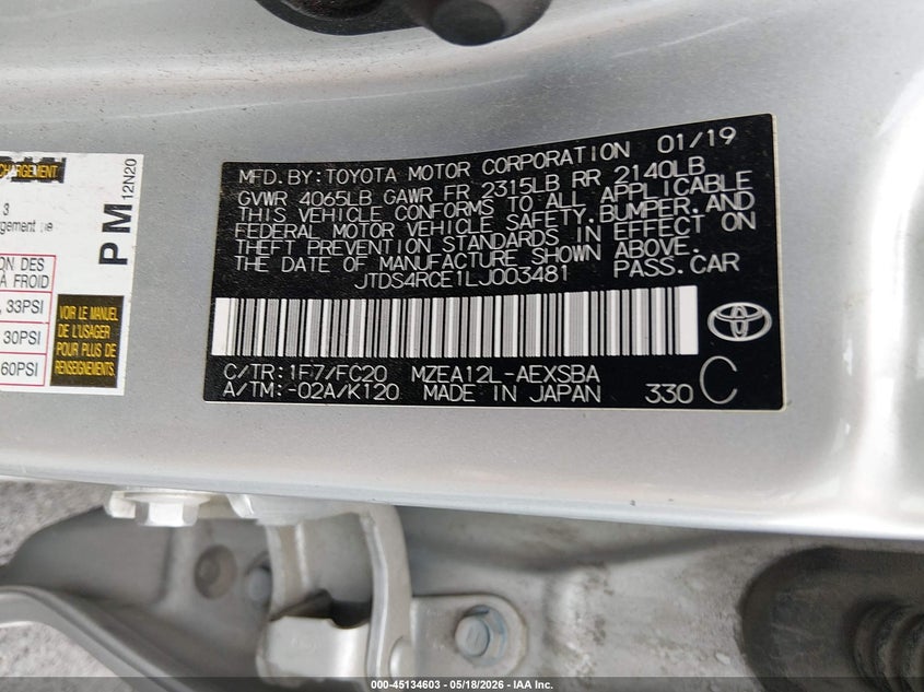 2020 Toyota Corolla VIN JTDS4RCE1LJ003481 IAAI salvage auction — FRONT END, Salvage (Illinois), sold $3,150 on 2026-07-14 (photo 9)