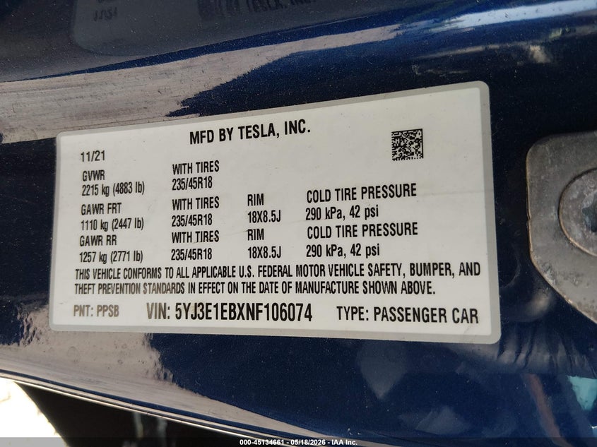 2022 Tesla Model 3 VIN 5YJ3E1EBXNF106074 IAAI salvage auction — RIGHT SIDE, Salvage (Idaho), sold $10,825 on 2026-07-07 (photo 9)