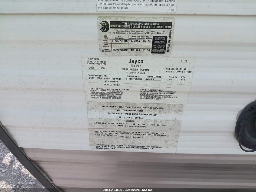 2019 Jayco Other VIN 1UJBJ0AG6K17C0106 IAAI salvage auction — HAIL, Salvage (Missouri), sold $1,550 on 2026-07-08 (photo 9)