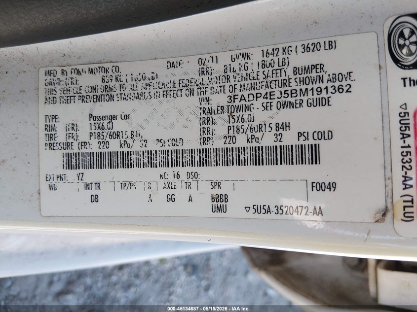 2011 Ford Fiesta VIN 3FADP4EJ5BM191362 IAAI salvage auction — LEFT FRONT, Clear (South Carolina), sold $375 on 2026-07-28 (photo 9)