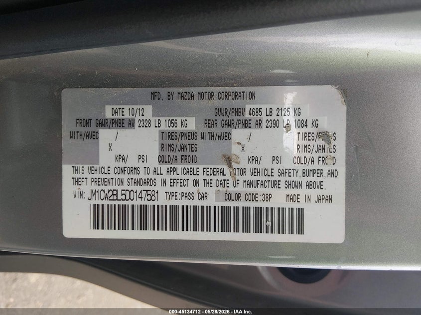 2013 Mazda 5 VIN JM1CW2BL5D0147581 IAAI salvage auction — LEFT FRONT, Salvage Title, sold $600 on 2026-07-25 (photo 9)