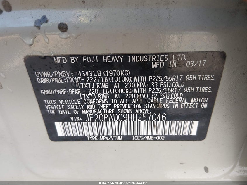 2017 Subaru Crosstrek VIN JF2GPADC9HH257046 IAAI salvage auction — RIGHT SIDE, Clear (Indiana), sold $5,275 on 2026-07-08 (photo 9)