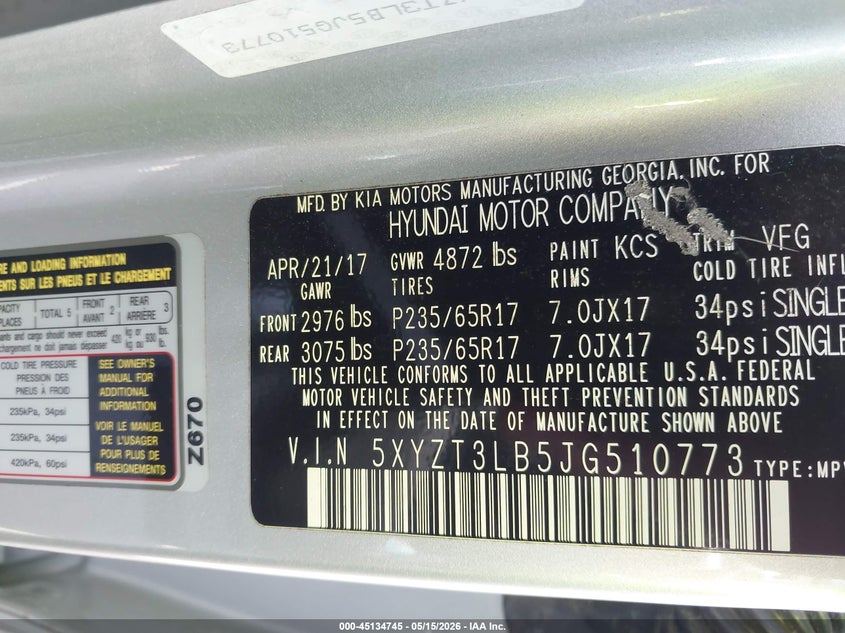 2018 Hyundai Santa fe VIN 5XYZT3LB5JG510773 IAAI salvage auction — FRONT END, Repossession Paperwork (Georgia), sold $3,150 on 2026-07-08 (photo 9)