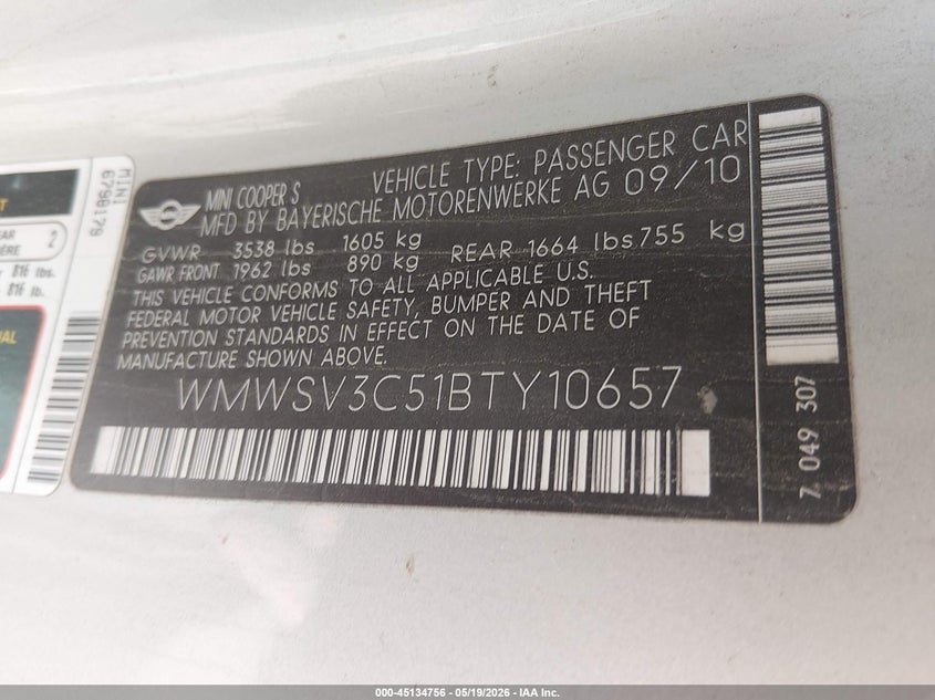 2011 Mini Cooper VIN WMWSV3C51BTY10657 IAAI salvage auction — NORMAL WEAR, Clear (California), sold $400 on 2026-07-10 (photo 9)