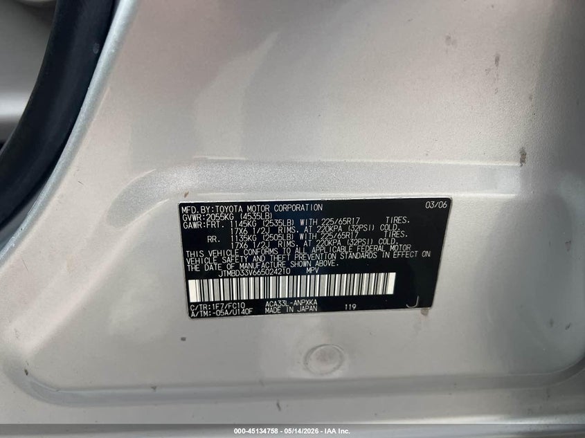 2006 Toyota Rav4 VIN JTMBD33V665024210 IAAI salvage auction — NORMAL WEAR, Clear (Massachusetts), sold $2,250 on 2026-07-08 (photo 9)