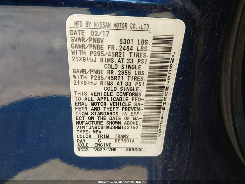 2017 Infiniti Qx70 VIN JN8CS1MU8HM143152 IAAI salvage auction — LEFT FRONT, Salvage - Greater Than 75% (Maryland), sold $125 on 2026-07-28 (photo 9)