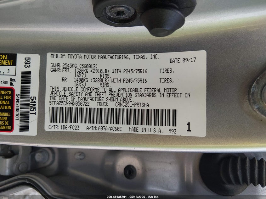 2017 Toyota Tacoma VIN 5TFAZ5CN9HX050722 IAAI salvage auction — ALL OVER, Salvage (Louisiana), sold $4,100 on 2026-07-21 (photo 9)