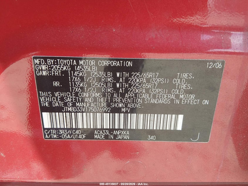 2007 Toyota Rav4 VIN JTMBD33V175076992 IAAI salvage auction — FRONT END, Repossession Paperwork (Georgia), sold $1,850 on 2026-07-16 (photo 9)