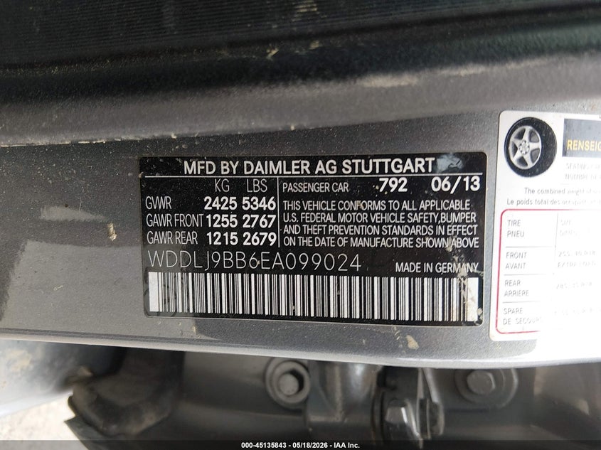 2014 Mercedes-benz Cls-klasse VIN WDDLJ9BB6EA099024 IAAI salvage auction — FRONT END, Salvage (Maine), sold $3,800 on 2026-07-13 (photo 9)