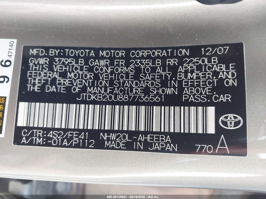 2008 Toyota Prius VIN JTDKB20U887736561 IAAI salvage auction — RIGHT FRONT, Salvage (Texas), sold $375 on 2026-07-29 (photo 9)