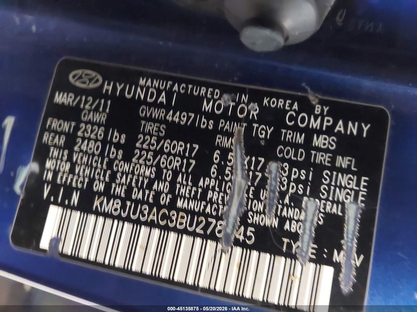 2011 Hyundai Tucson VIN KM8JU3AC3BU278045 IAAI salvage auction — FRONT END, Clear (Minnesota), sold $525 on 2026-07-29 (photo 9)