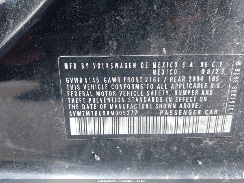 2024 Volkswagen Jetta VIN 3VW7M7BU9RM009377 IAAI salvage auction — HAIL, Salvage (Missouri), sold $9,900 on 2026-08-25 (photo 9)
