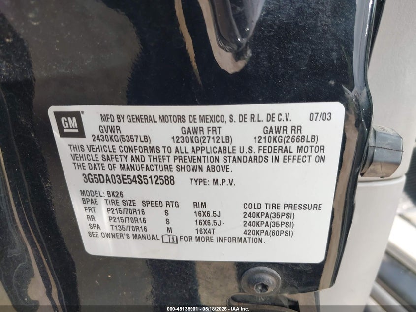 2004 Buick Rendezvous VIN 3G5DA03E54S512588 IAAI salvage auction — LEFT SIDE, Salvage (Texas), sold $350 on 2026-07-06 (photo 9)