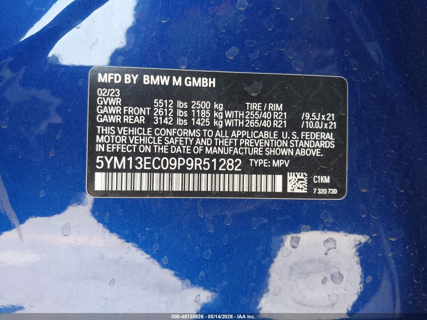2023 BMW X3 m VIN 5YM13EC09P9R51282 IAAI salvage auction — LEFT SIDE, Salvage (California), sold $575 on 2026-07-29 (photo 9)