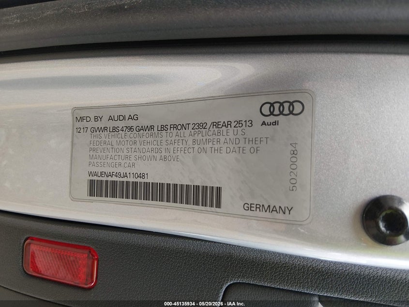 2018 Audi A4 VIN WAUENAF49JA110481 IAAI salvage auction — FRONT & REAR, Salvage (Colorado), sold $2,400 on 2026-08-02 (photo 9)