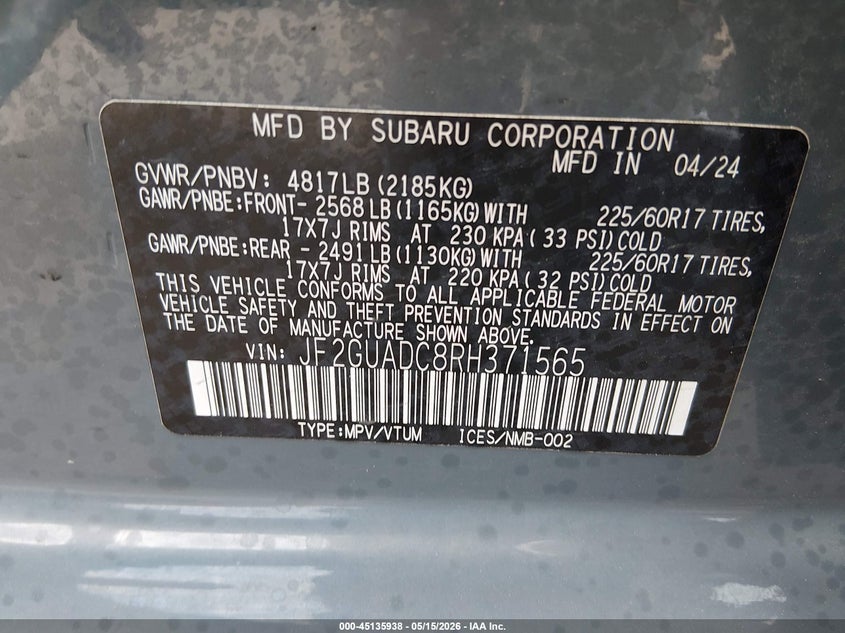 2024 Subaru Xv VIN JF2GUADC8RH371565 IAAI salvage auction — RIGHT REAR, Salvage (Arizona), sold $5,550 on 2026-07-17 (photo 9)