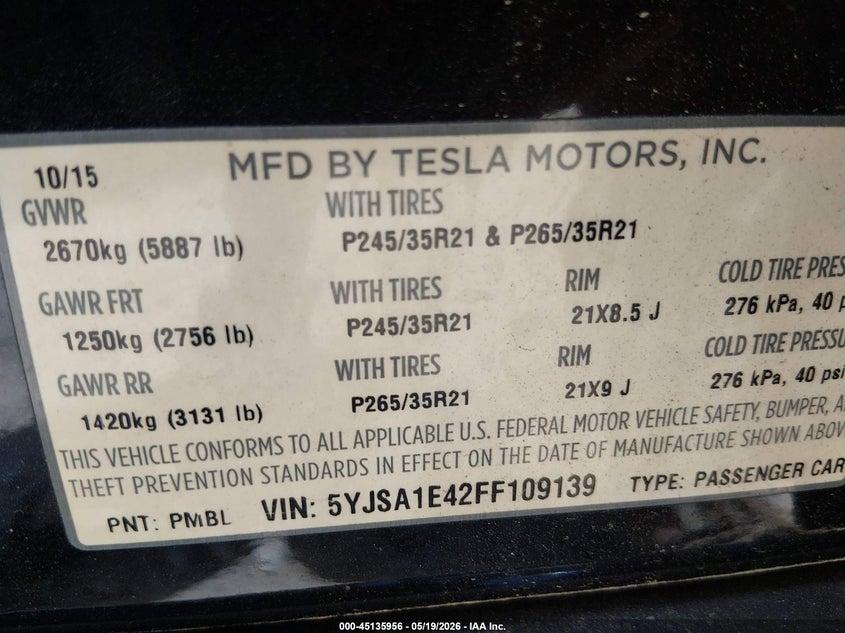 2015 Tesla Model s VIN 5YJSA1E42FF109139 IAAI salvage auction — FRONT & REAR, Salvage (Georgia), sold $2,950 on 2026-07-16 (photo 9)