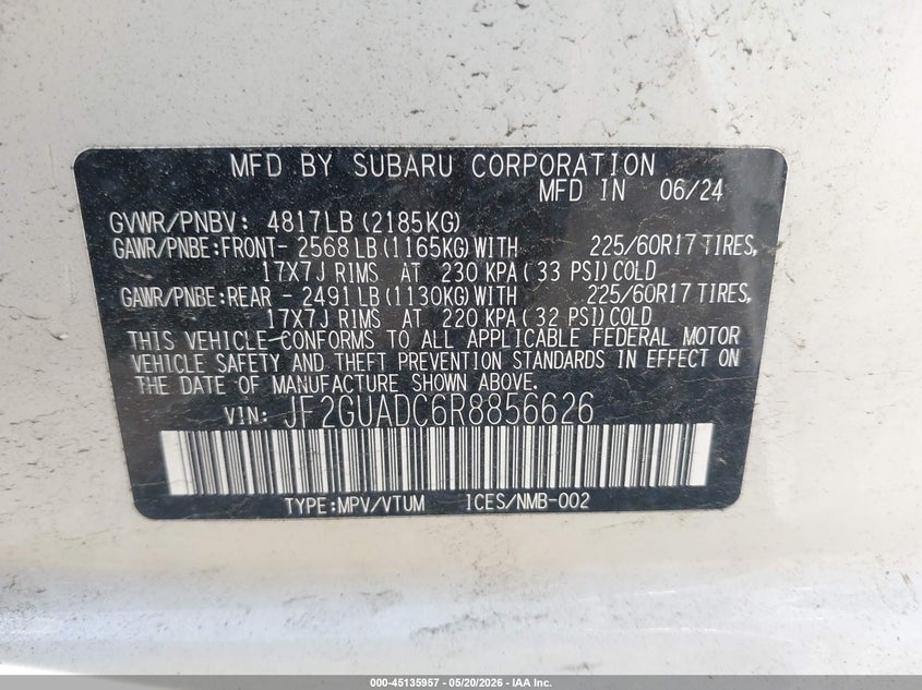 2024 Subaru Xv VIN JF2GUADC6R8856626 IAAI salvage auction — LEFT & RIGHT, Salvage (Idaho), sold $2,950 on 2026-07-29 (photo 9)