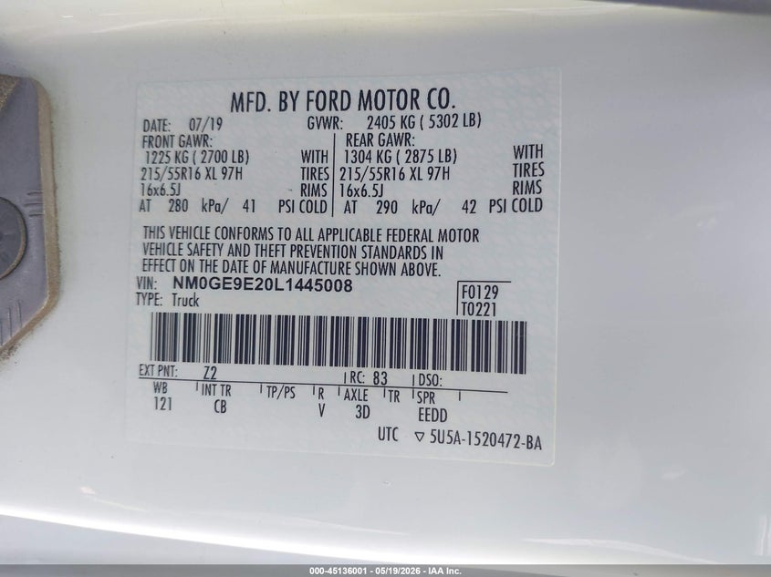 2020 Ford Transit VIN NM0GE9E20L1445008 IAAI salvage auction — NORMAL WEAR, SF97 (California), sold $25 on 2026-07-28 (photo 9)