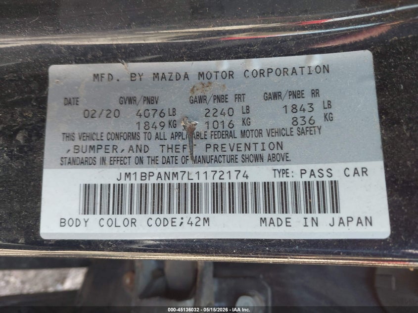 2020 Mazda 3 VIN JM1BPANM7L1172174 IAAI salvage auction — ALL OVER, Salvage (Illinois), sold $450 on 2026-07-22 (photo 9)