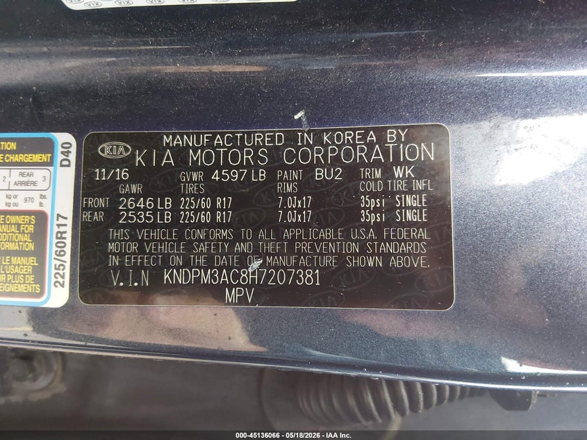 2017 Kia Sportage VIN KNDPM3AC8H7207381 IAAI salvage auction — RIGHT FRONT, Salvage (Colorado), sold $1,750 on 2026-07-28 (photo 9)