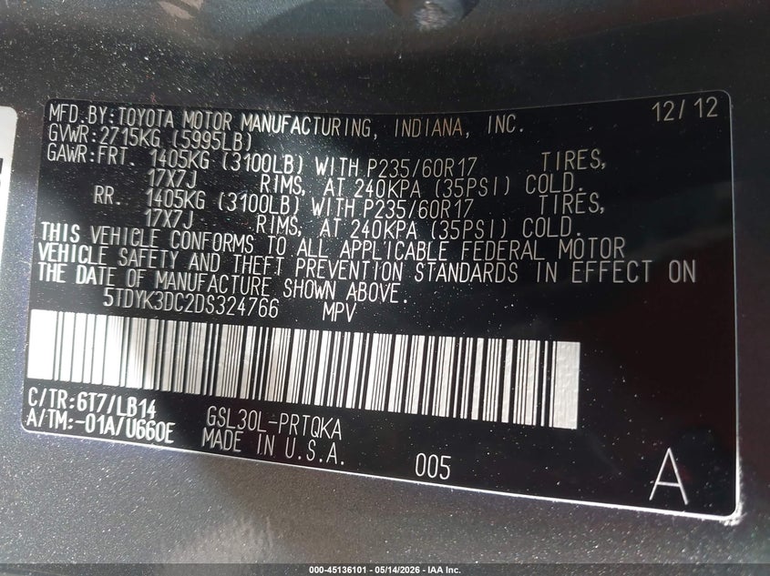 2013 Toyota Sienna VIN 5TDYK3DC2DS324766 IAAI salvage auction — RIGHT REAR, Salvage (Alabama), sold $3,350 on 2026-07-15 (photo 9)