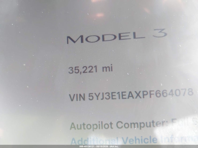 2023 Tesla Model 3 VIN 5YJ3E1EAXPF664078 IAAI salvage auction — REAR END, Certificate Of Destruction (Florida), sold $8,200 on 2026-07-09 (photo 7)
