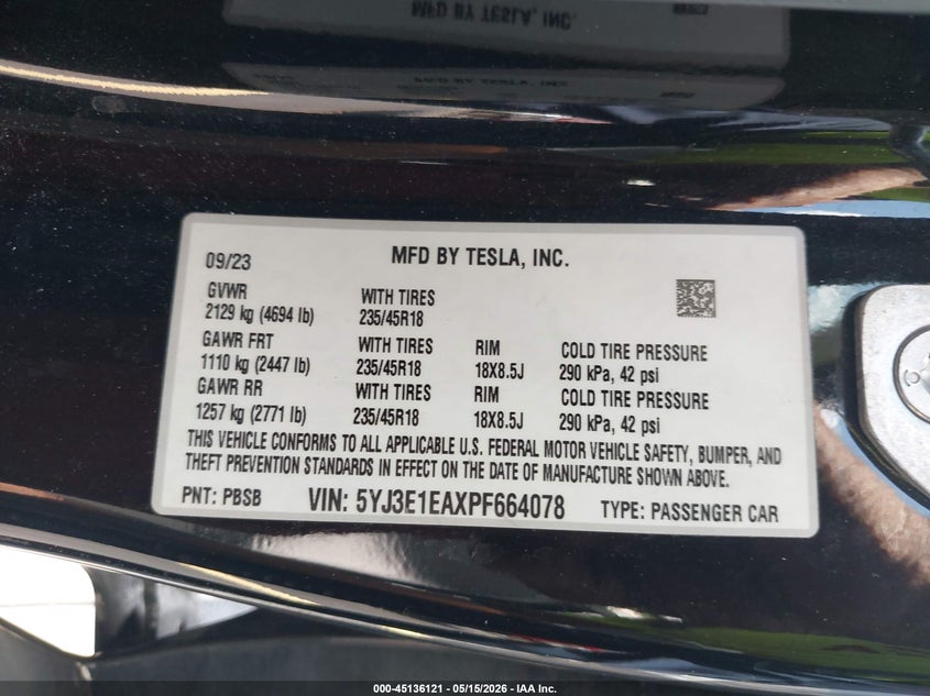 2023 Tesla Model 3 VIN 5YJ3E1EAXPF664078 IAAI salvage auction — REAR END, Certificate Of Destruction (Florida), sold $8,200 on 2026-07-09 (photo 9)