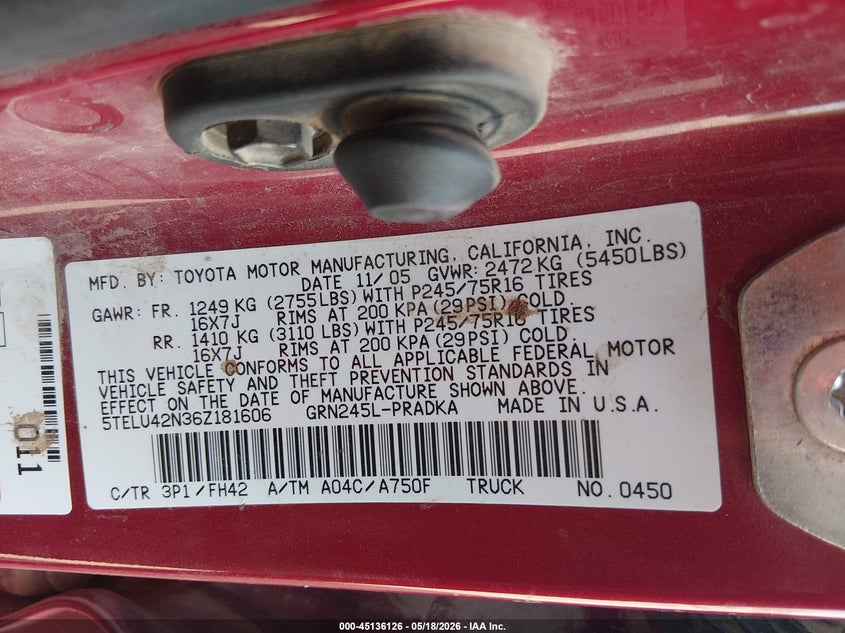 2006 Toyota Tacoma VIN 5TELU42N36Z181606 IAAI salvage auction — LEFT & RIGHT, Salvage (Arizona), sold $5,400 on 2026-07-14 (photo 9)