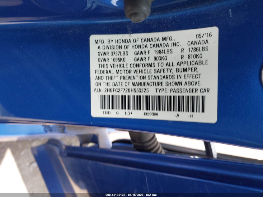 2016 Honda Civic VIN 2HGFC2F72GH550325 IAAI salvage auction — FRONT END, Salvage Certificate (California), sold $2,850 on 2026-07-12 (photo 9)