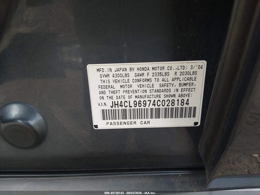 2004 Acura Tsx VIN JH4CL96974C028184 IAAI salvage auction — FRAME DAMAGE, Clear (Massachusetts), sold $225 on 2026-07-11 (photo 9)