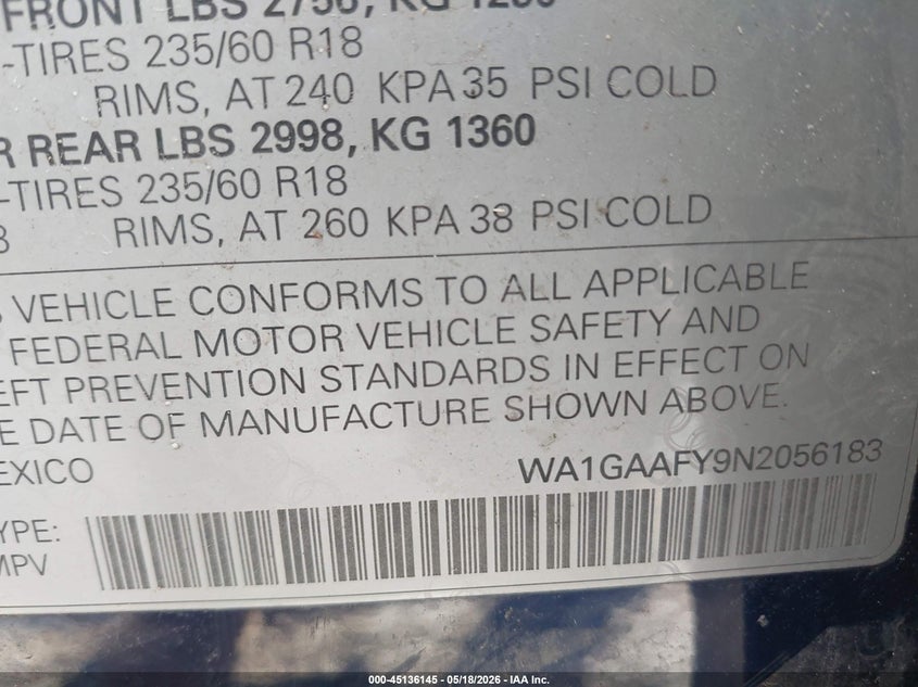 2022 Audi Q5 VIN WA1GAAFY9N2056183 IAAI salvage auction — RIGHT REAR, Salvage (Utah), sold $13,050 on 2026-07-17 (photo 9)