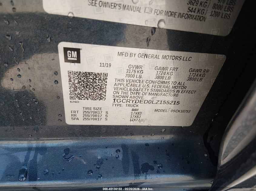 2020 Chevrolet Silverado VIN 1GCRYDED0LZ155215 IAAI salvage auction — RIGHT SIDE, Salvage (North Carolina), sold $5,100 on 2026-07-29 (photo 9)