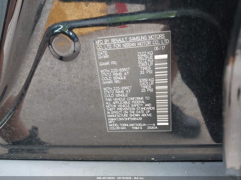 2017 Nissan Rogue VIN KNMAT2MV5HP598439 IAAI salvage auction — HAIL, Clear (Missouri), sold $1,250 on 2026-07-13 (photo 9)