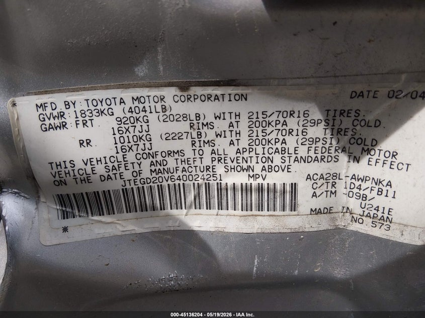 2004 Toyota Rav 4 VIN JTEGD20V640024251 IAAI salvage auction — LEFT SIDE, Salvage (Kentucky), sold $550 on 2026-07-27 (photo 9)